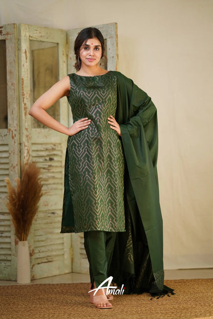 Rathi - Dark Green Unstitched Semi Kanchipuram Silk Salwar Salwar