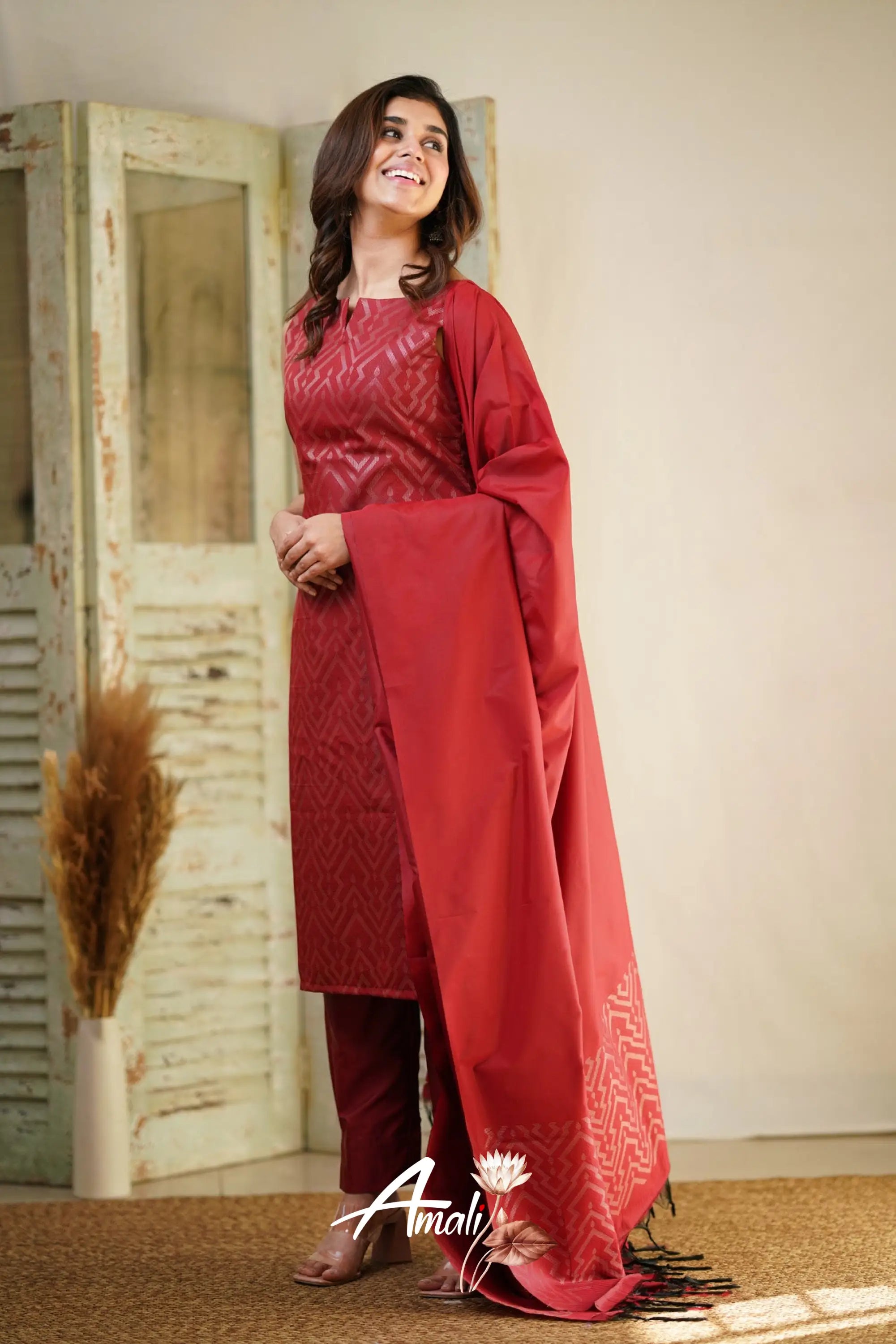 Rathi - Red Unstitched Semi Kanchipuram Silk Salwar Salwar