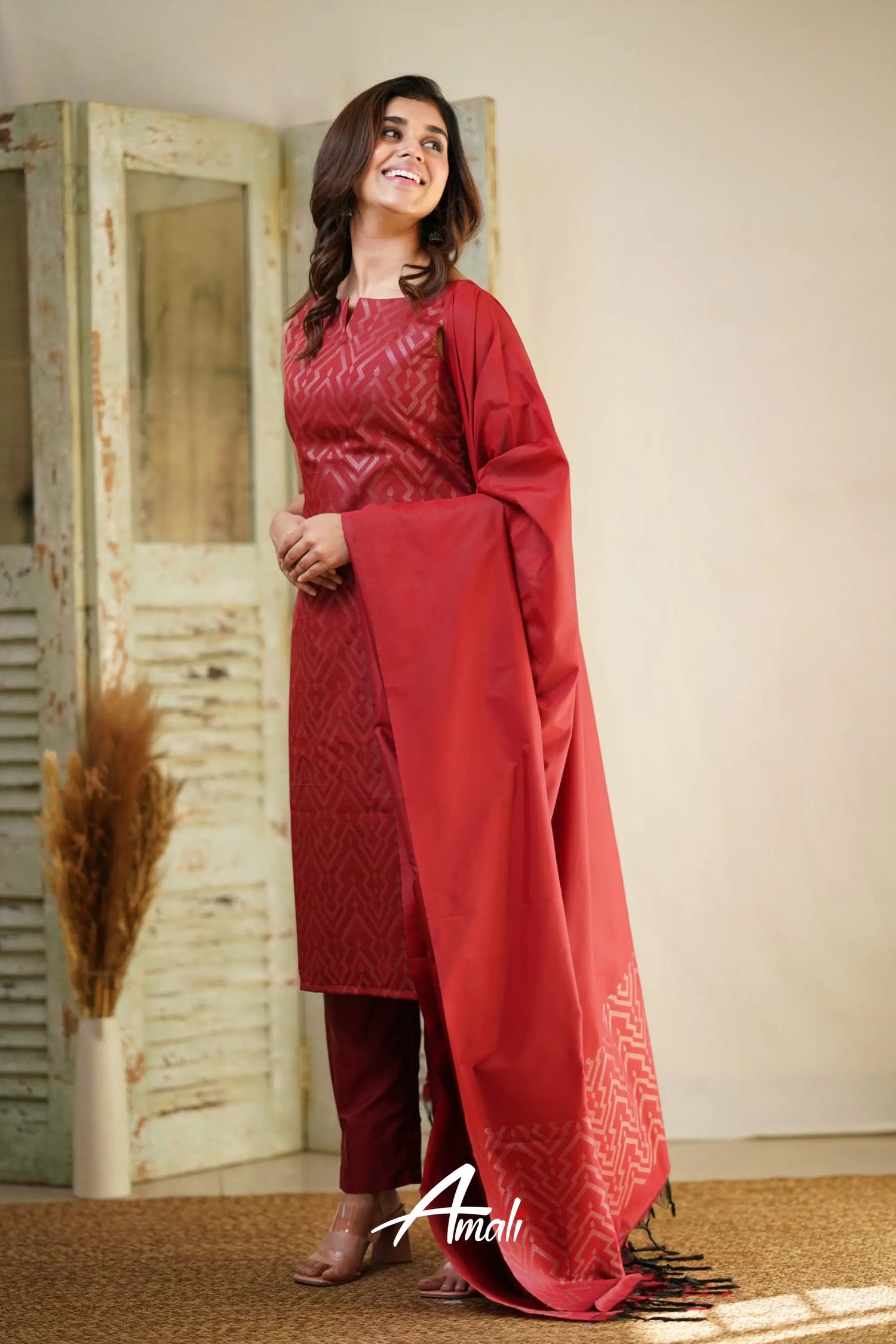 Rathi - Red Unstitched Semi Kanchipuram Silk Salwar Salwar