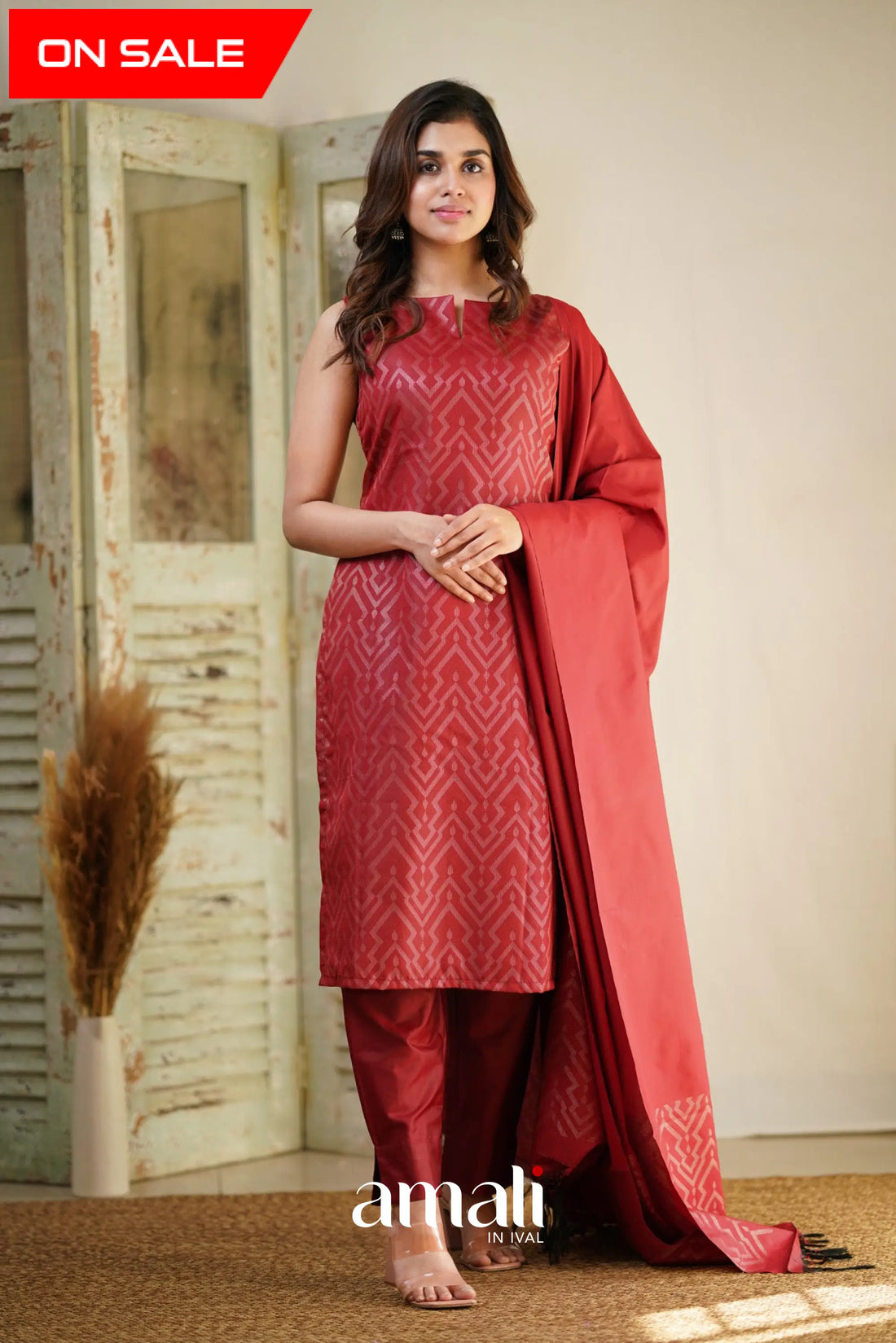 Rathi - Red Unstitched Semi Kanchipuram Silk Salwar Salwar