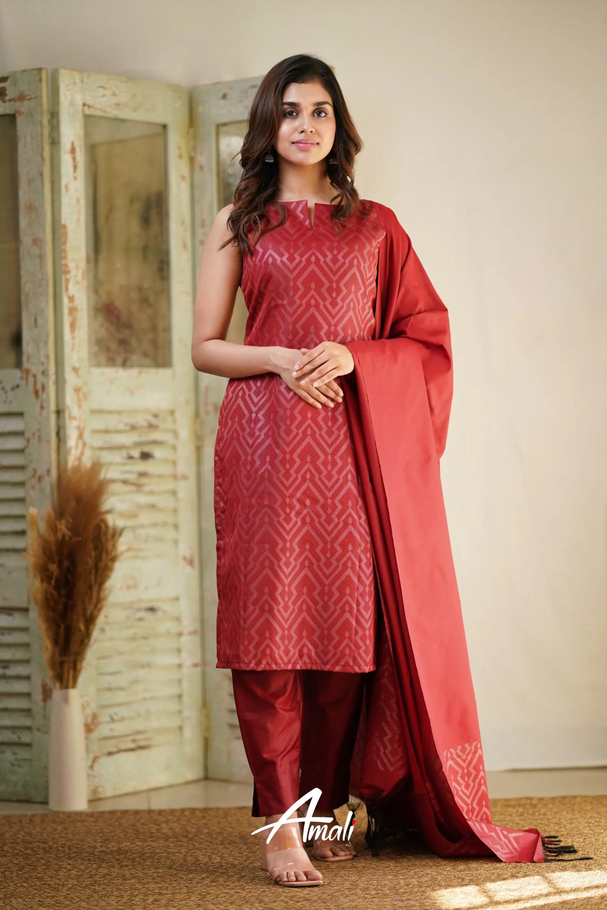 Rathi - Red Unstitched Semi Kanchipuram Silk Salwar Salwar