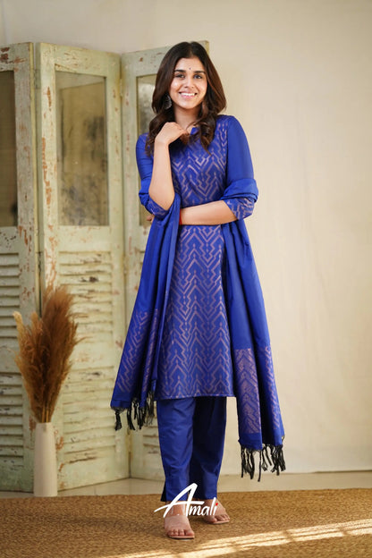 Rathi - Royal Blue Unstitched Semi Kanchipuram Silk Salwar Salwar