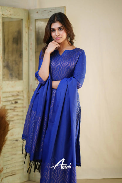 Rathi - Royal Blue Unstitched Semi Kanchipuram Silk Salwar Salwar