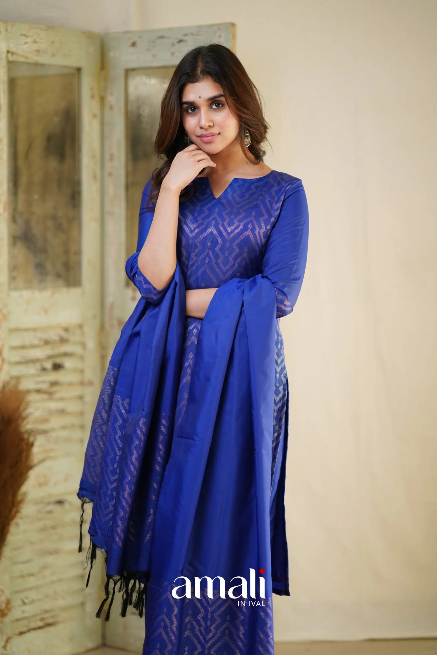 Rathi - Royal Blue Unstitched Semi Kanchipuram Silk Salwar Salwar