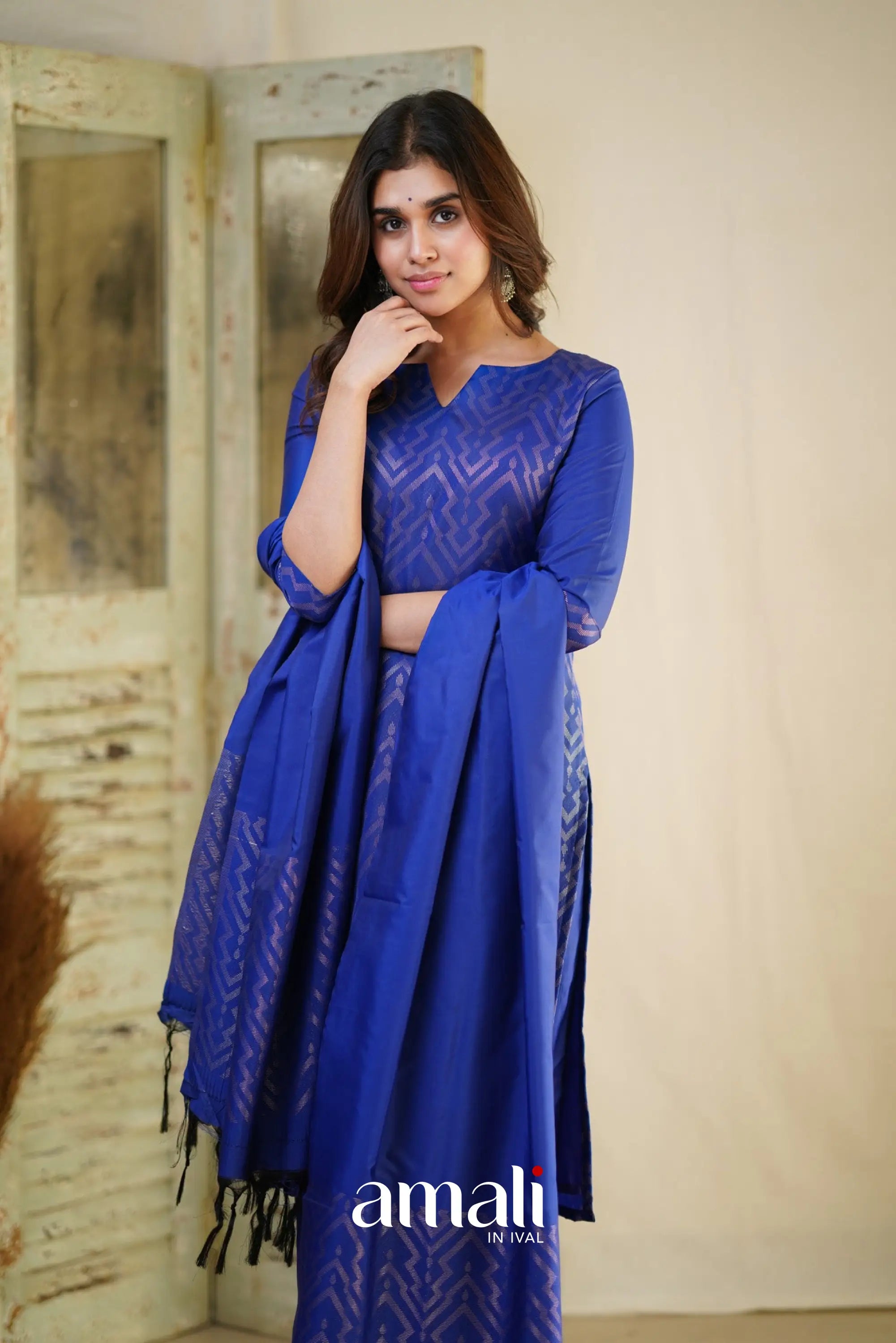 Rathi - Royal Blue Unstitched Semi Kanchipuram Silk Salwar Salwar