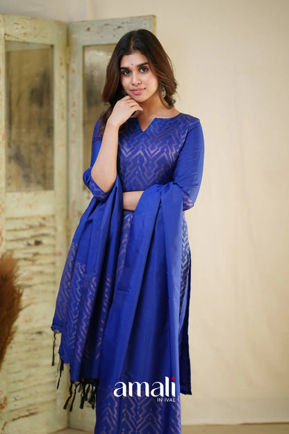 Rathi - Royal Blue Unstitched Semi Kanchipuram Silk Salwar Salwar