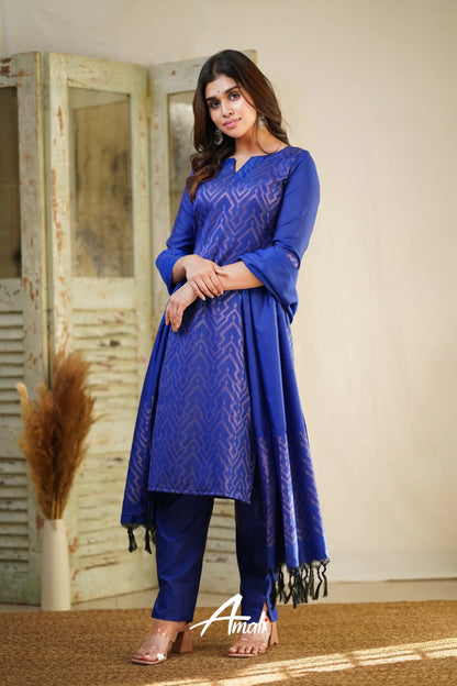 Rathi - Royal Blue Unstitched Semi Kanchipuram Silk Salwar Salwar