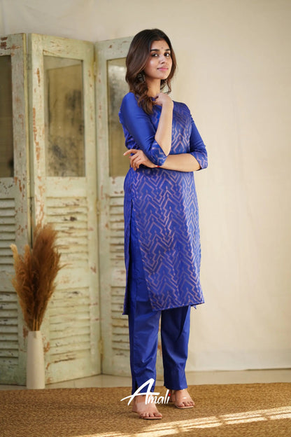 Rathi - Royal Blue Unstitched Semi Kanchipuram Silk Salwar Salwar