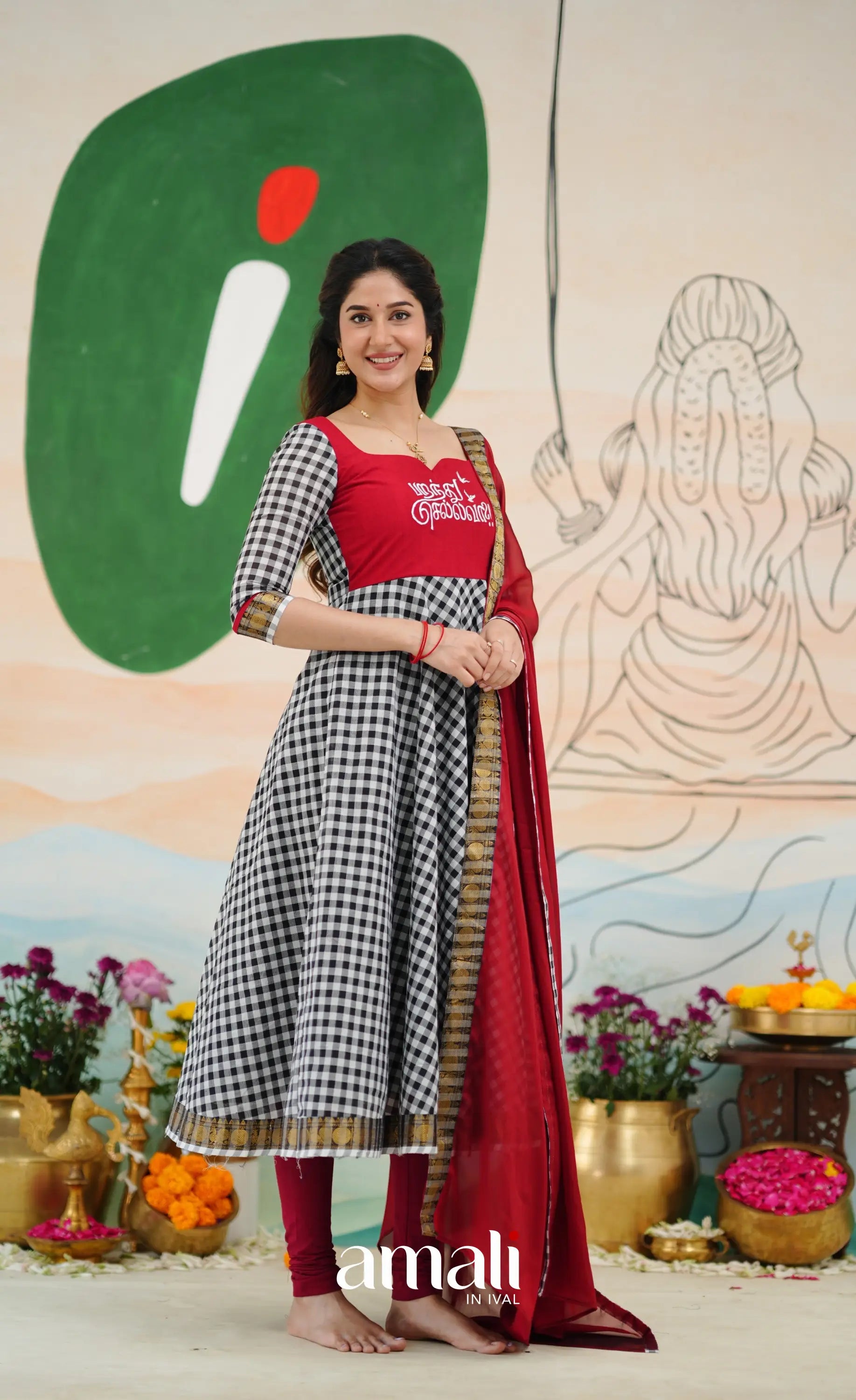Red and Black Chettinad Cotton Anarkali Anarkalis