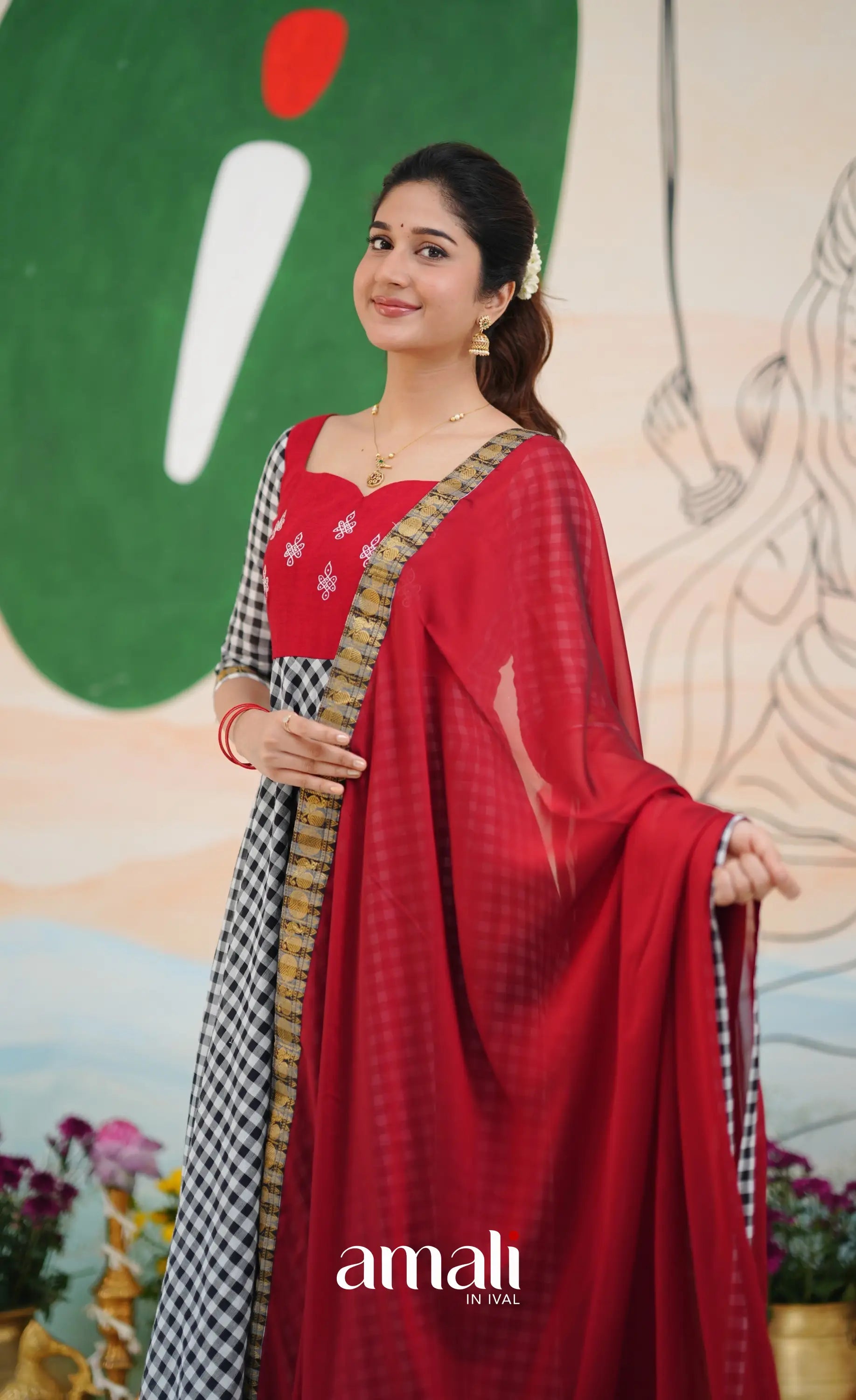 Red and Black Chettinad Cotton Anarkali Anarkalis