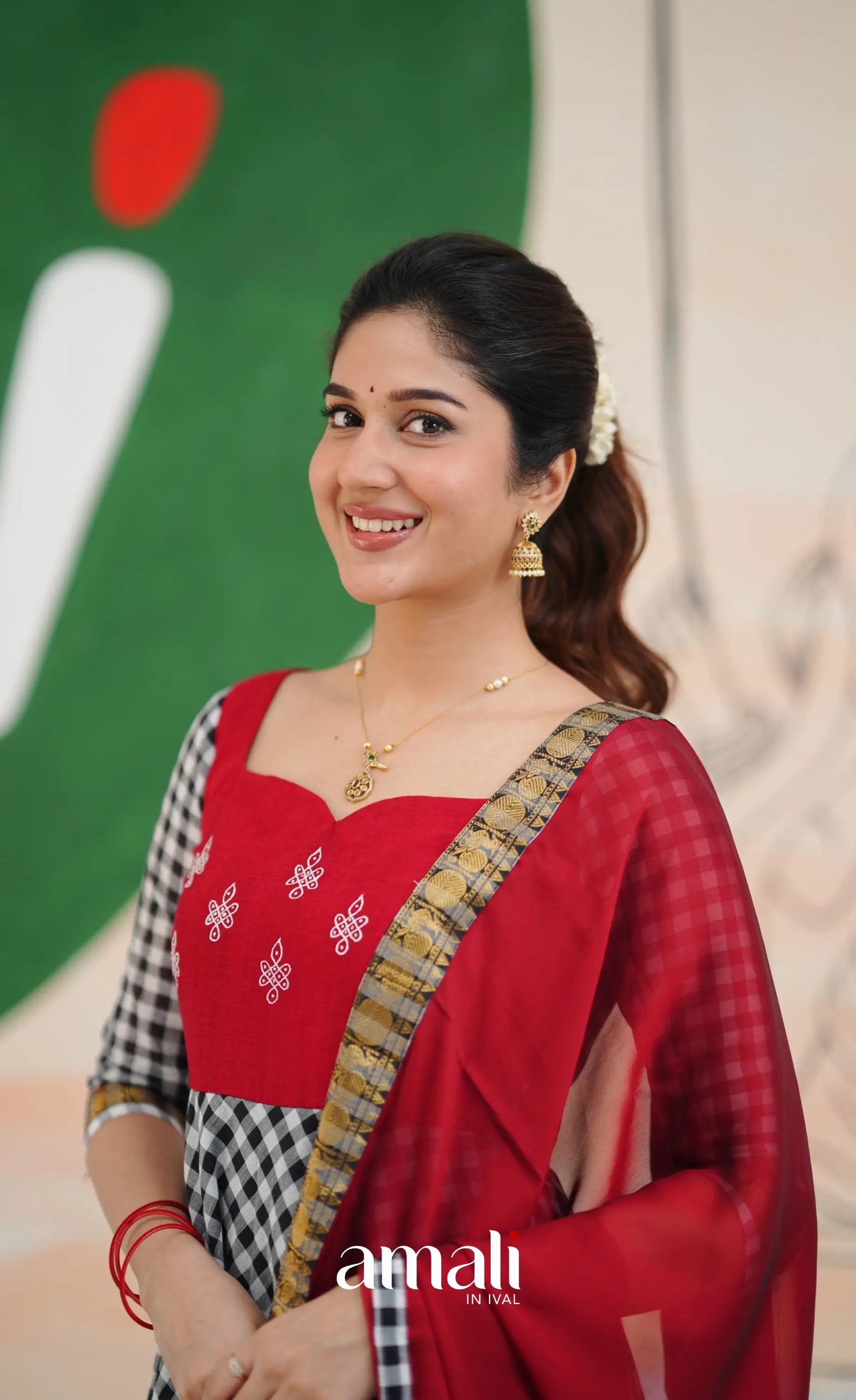 Red and Black Chettinad Cotton Anarkali Anarkalis