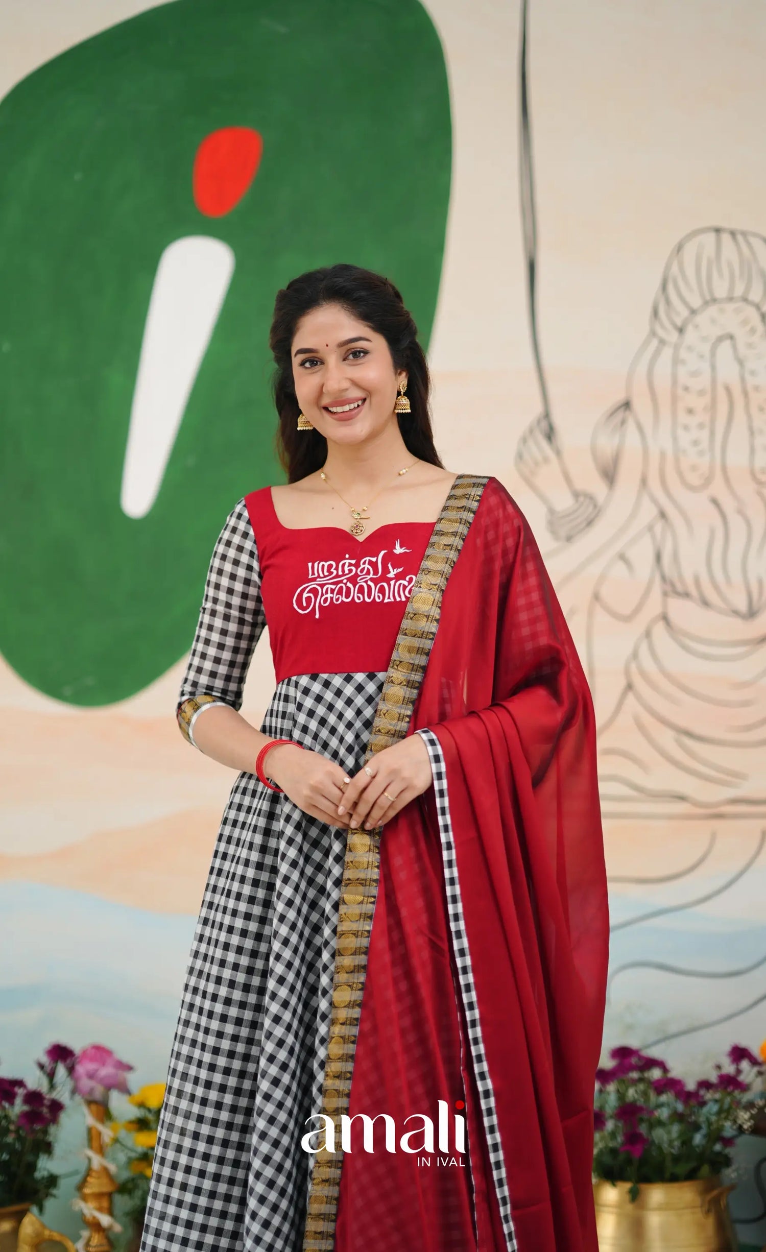 Red and Black Chettinad Cotton Anarkali Anarkalis
