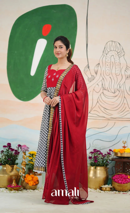 Red and Black Chettinad Cotton Anarkali Anarkalis