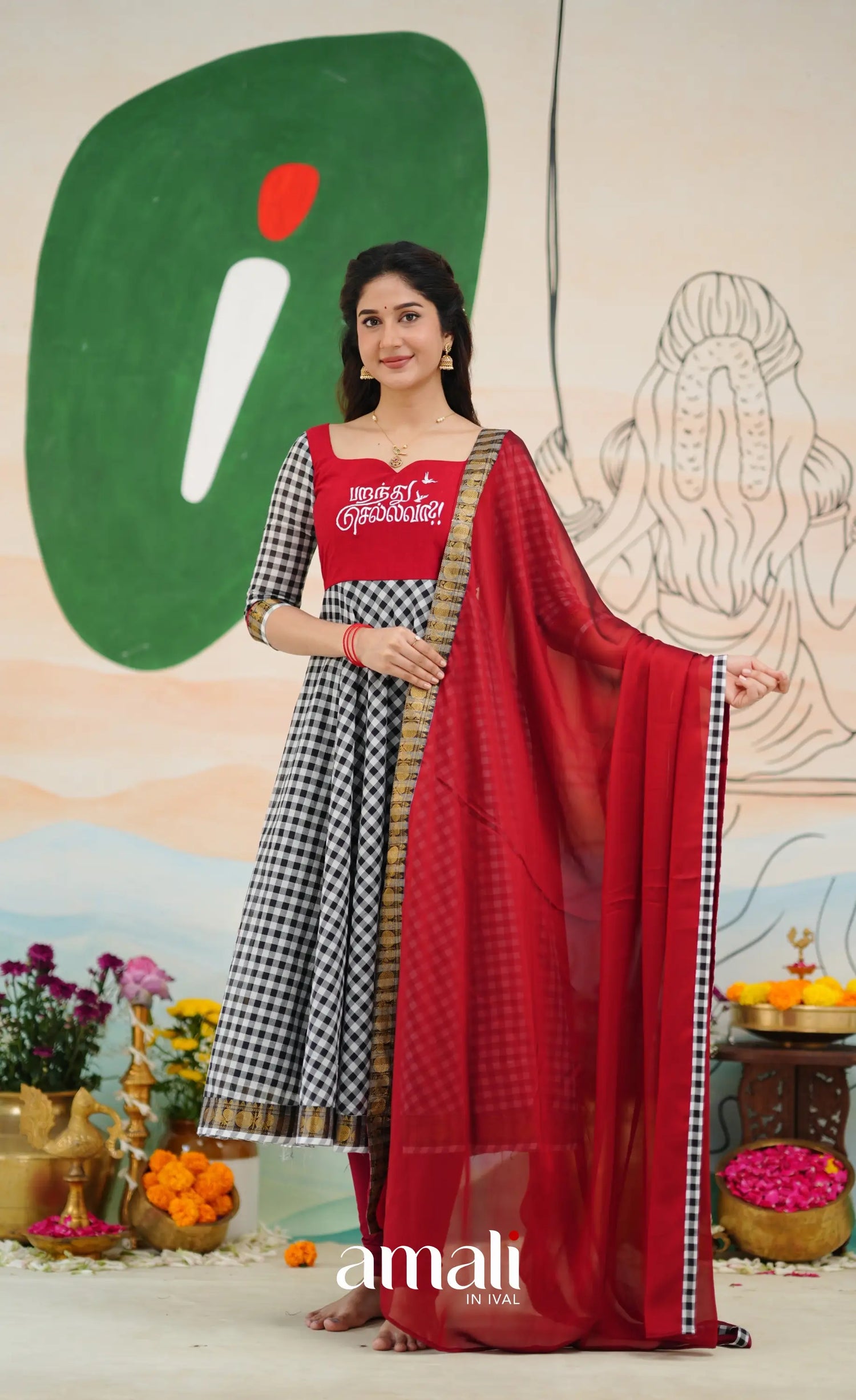 Red and Black Chettinad Cotton Anarkali Anarkalis