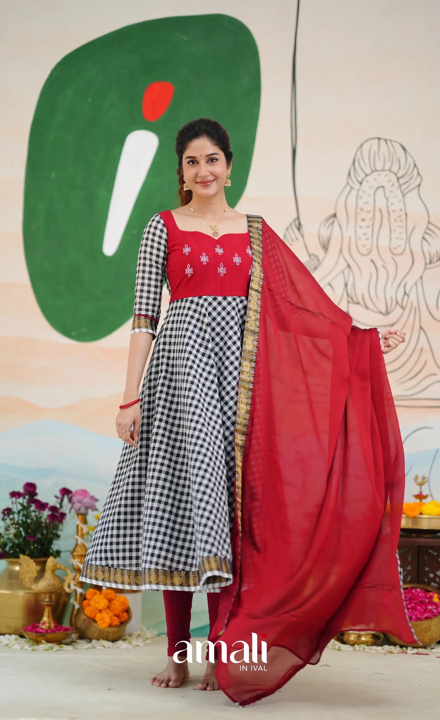 Red and Black Chettinad Cotton Anarkali Anarkalis