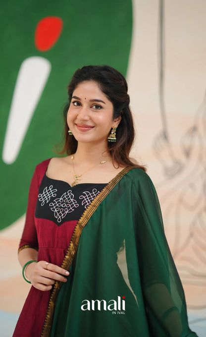 Red and Bottle Green Chettinad Cotton Anarkali Anarkalis