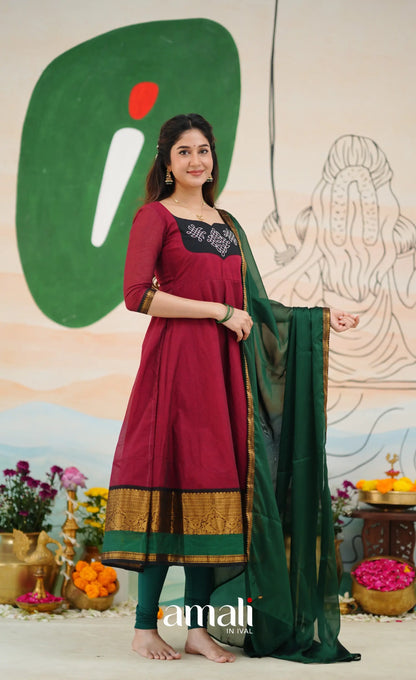 Red and Bottle Green Chettinad Cotton Anarkali Anarkalis