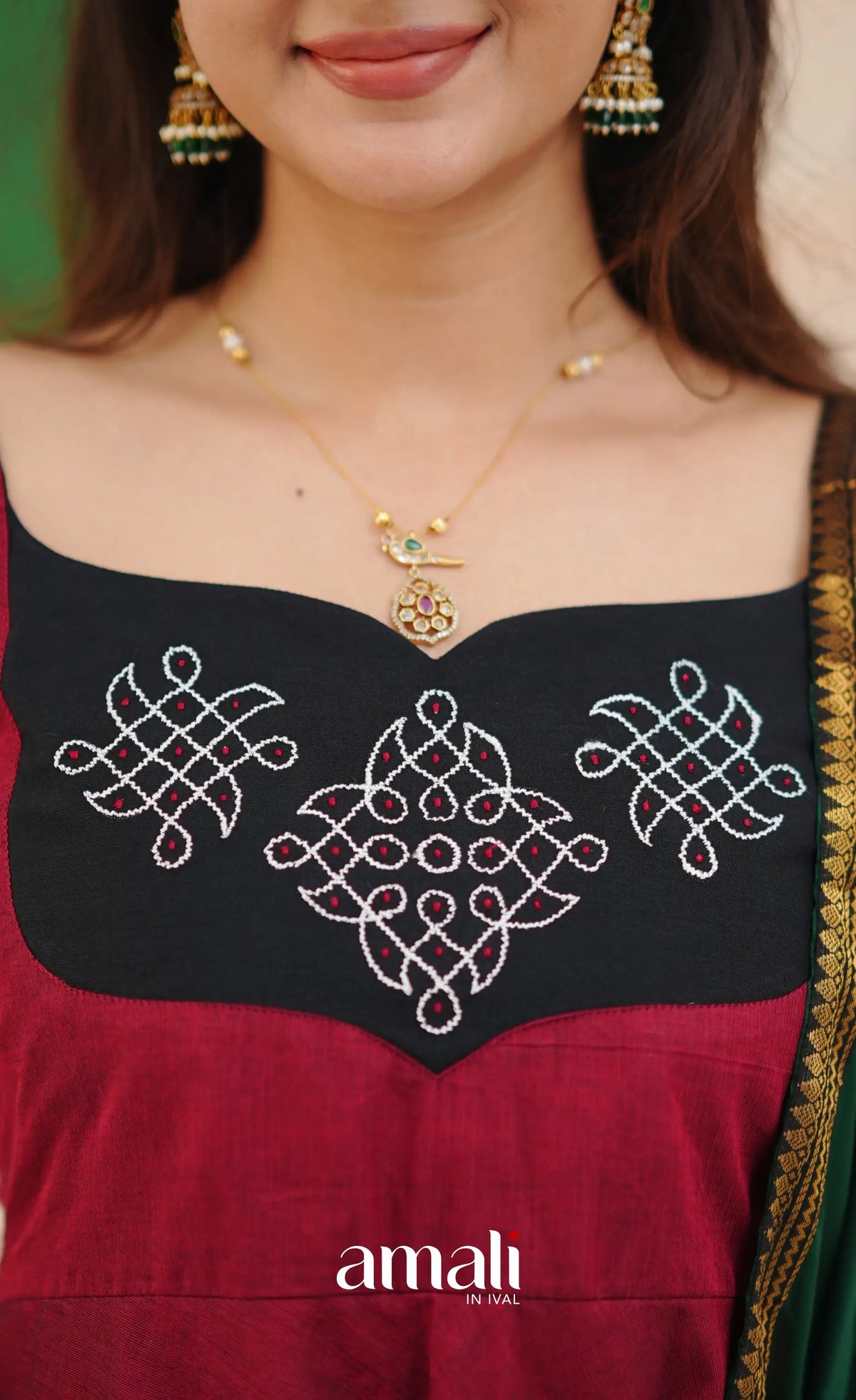 Red and Bottle Green Chettinad Cotton Anarkali Anarkalis