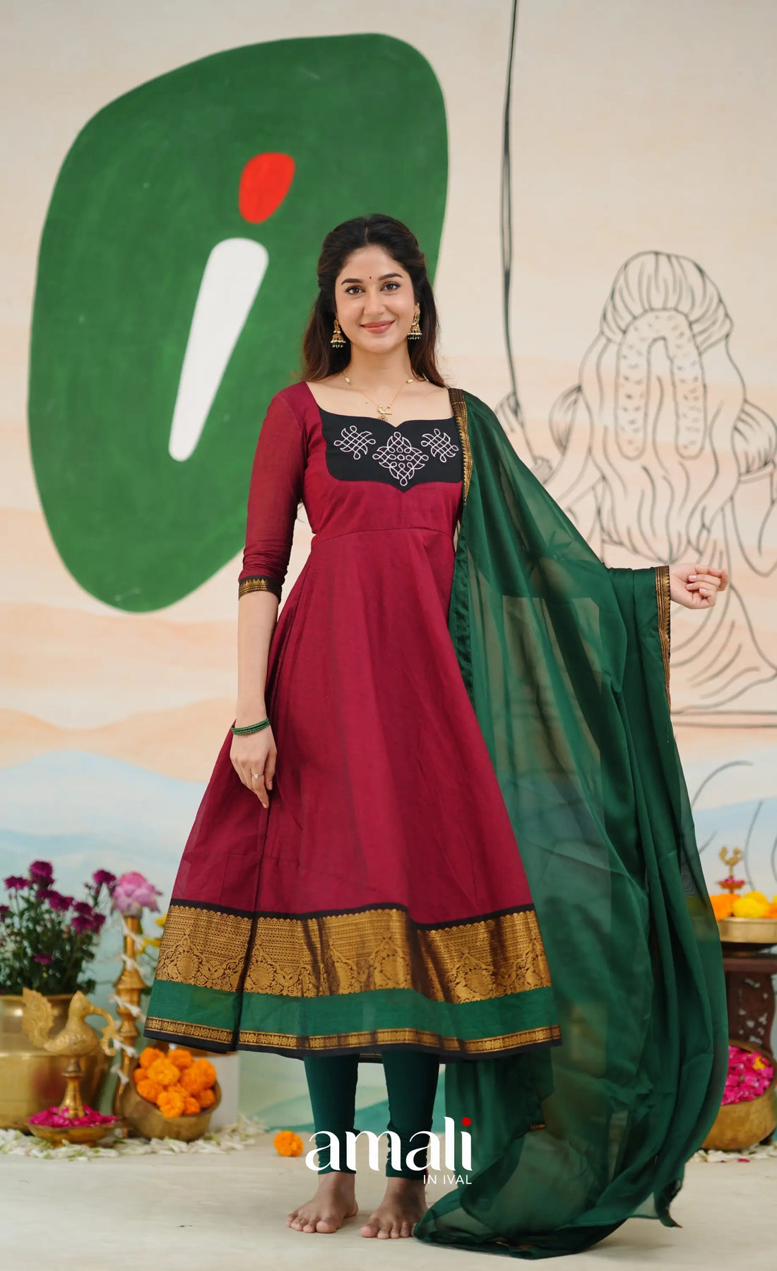 Red and Bottle Green Chettinad Cotton Anarkali Anarkalis