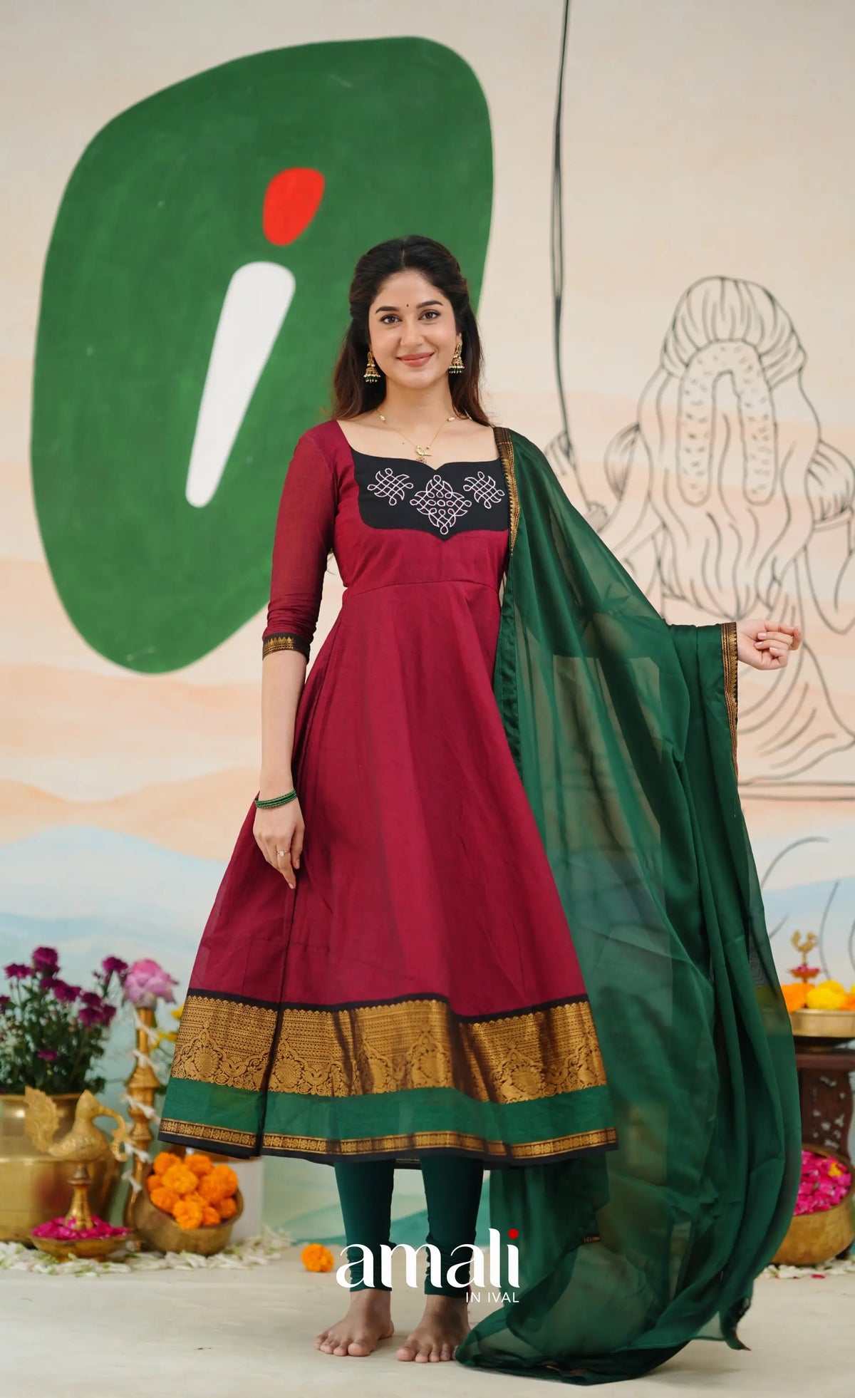 Red and Bottle Green Chettinad Cotton Anarkali Anarkalis