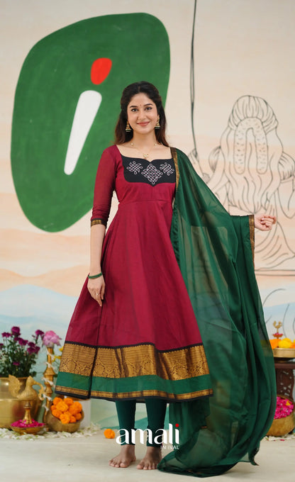 Red and Bottle Green Chettinad Cotton Anarkali Anarkalis