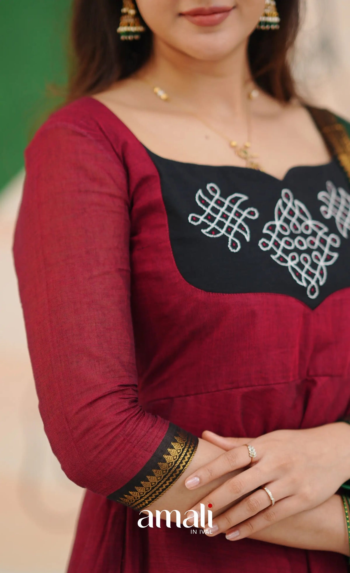 Red and Bottle Green Chettinad Cotton Anarkali Anarkalis