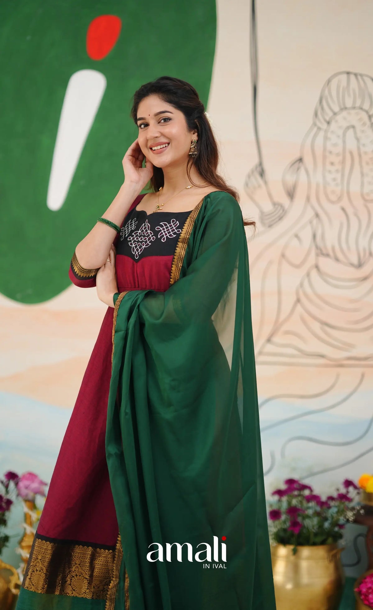 Red and Bottle Green Chettinad Cotton Anarkali Anarkalis