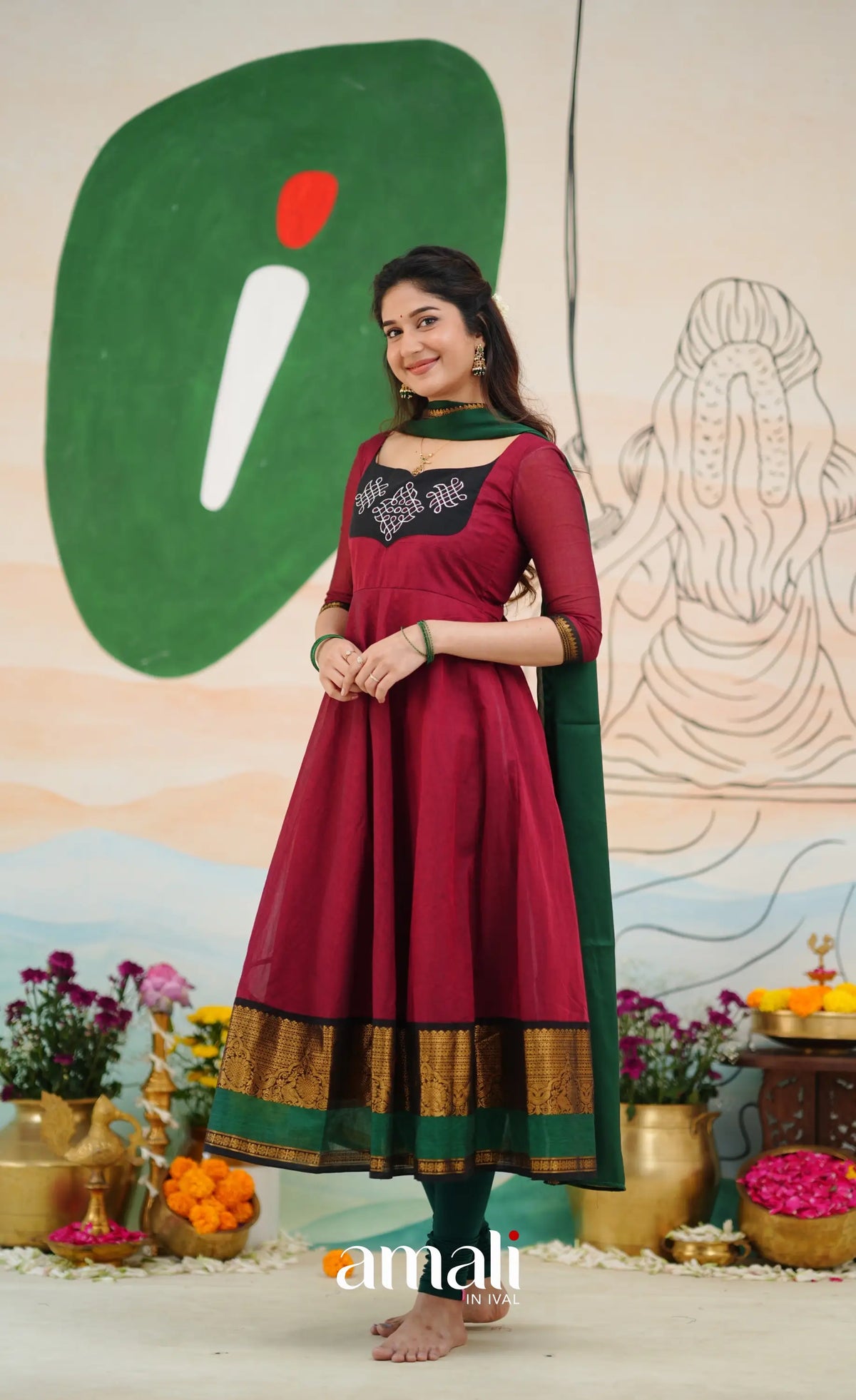 Red and Bottle Green Chettinad Cotton Anarkali Anarkalis