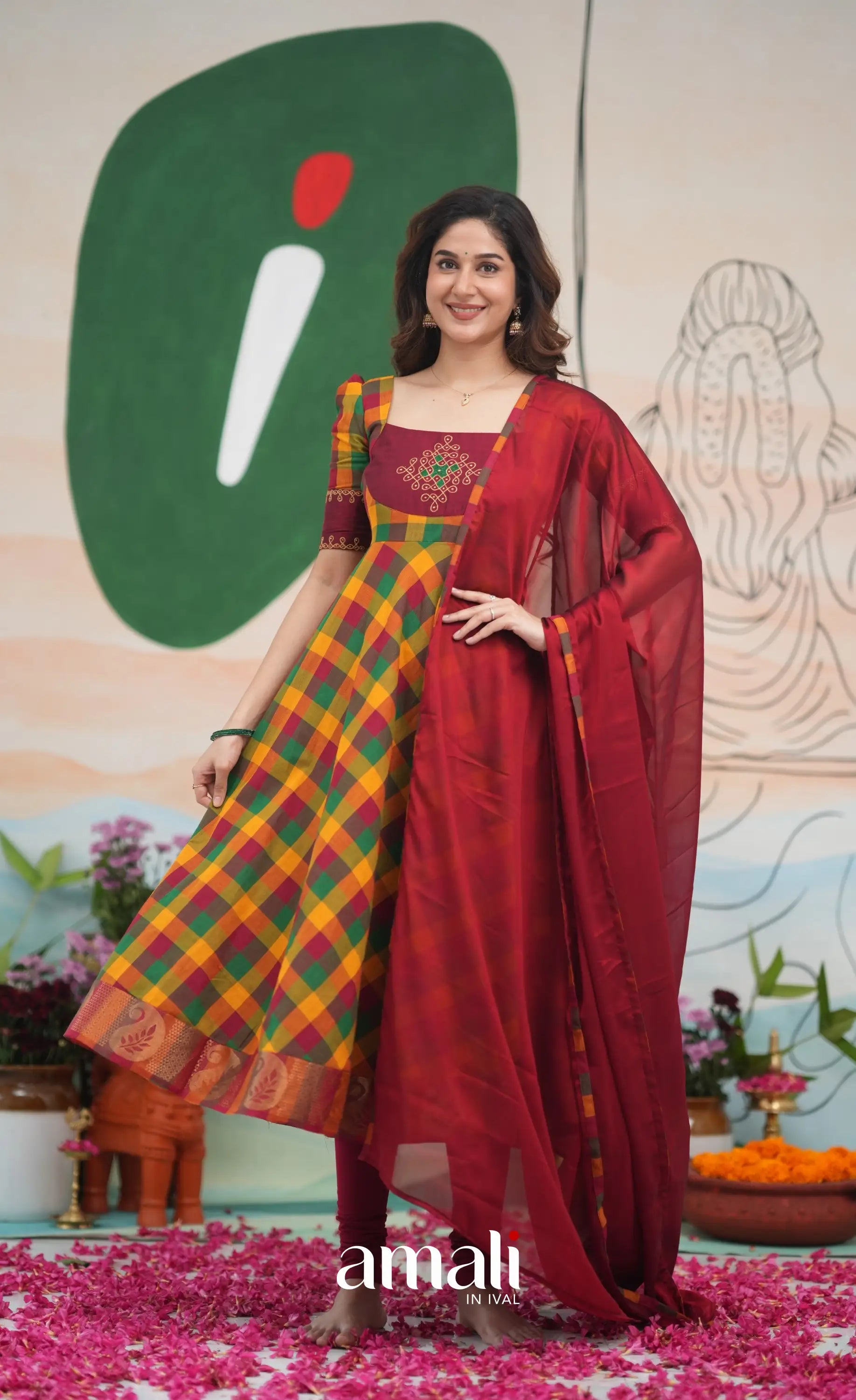 Red and Bottle Green Kandangi Checks Cotton Anarkali Anarkalis