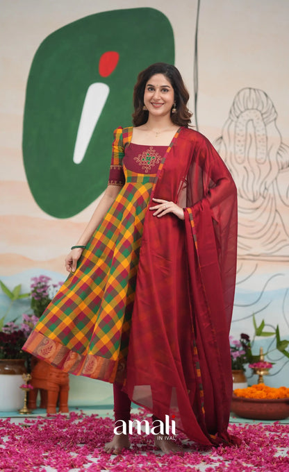 Red and Bottle Green Kandangi Checks Cotton Anarkali Anarkalis