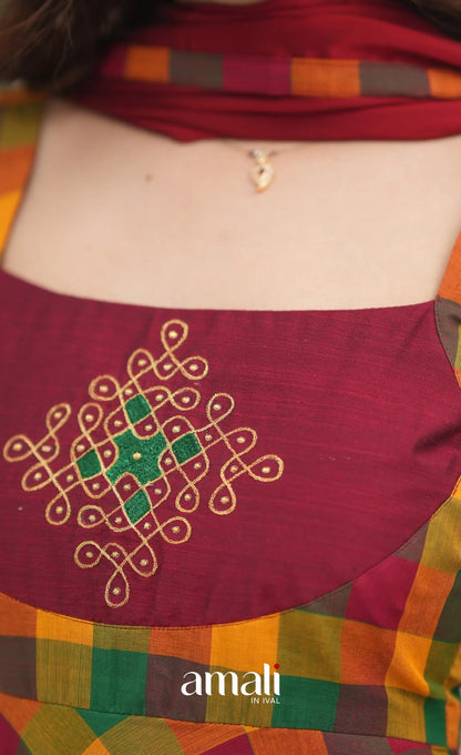 Red and Bottle Green Kandangi Checks Cotton Anarkali Anarkalis