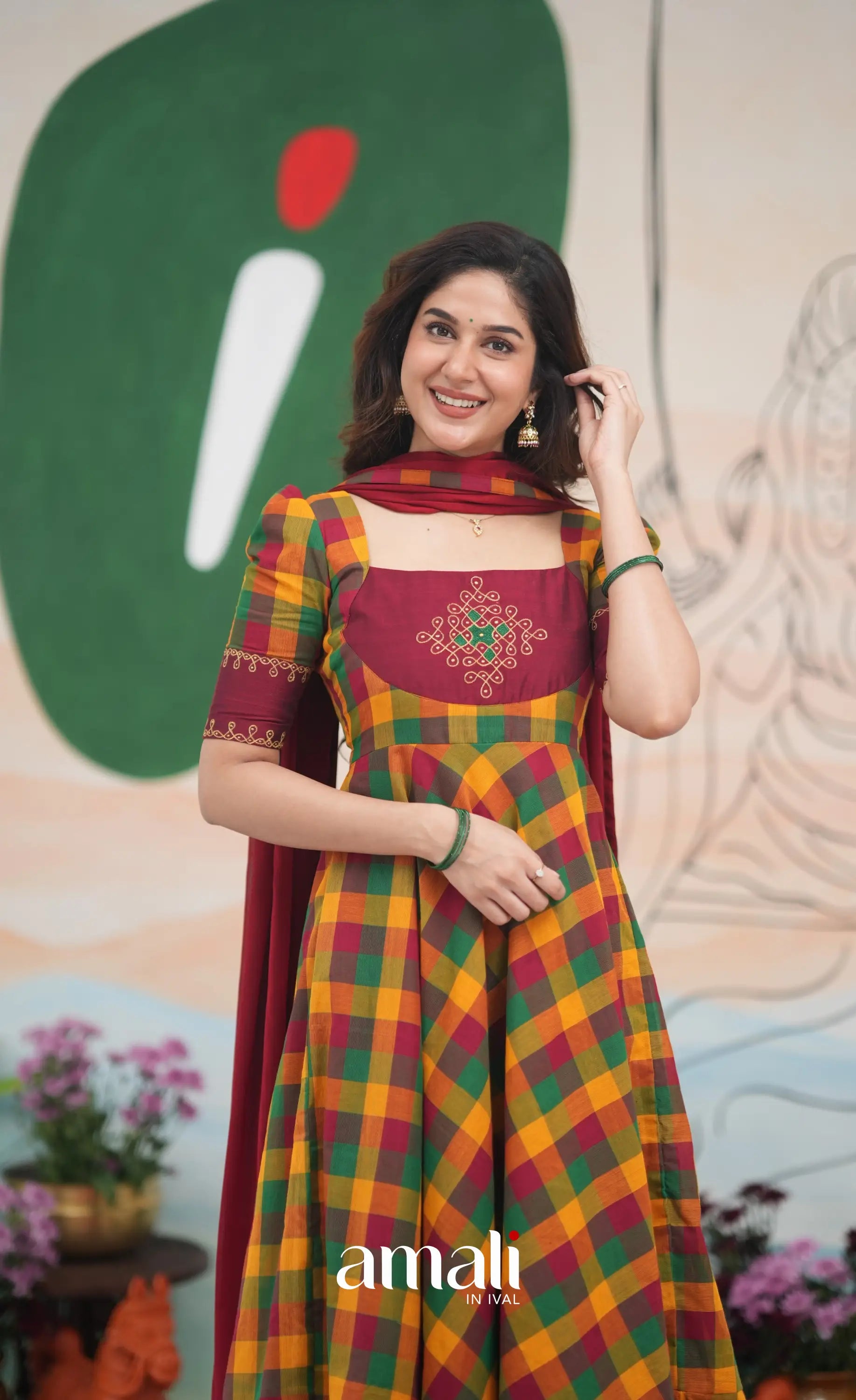 Red and Bottle Green Kandangi Checks Cotton Anarkali Anarkalis