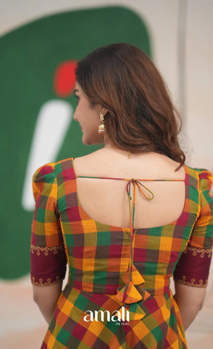 Red and Bottle Green Kandangi Checks Cotton Anarkali Anarkalis