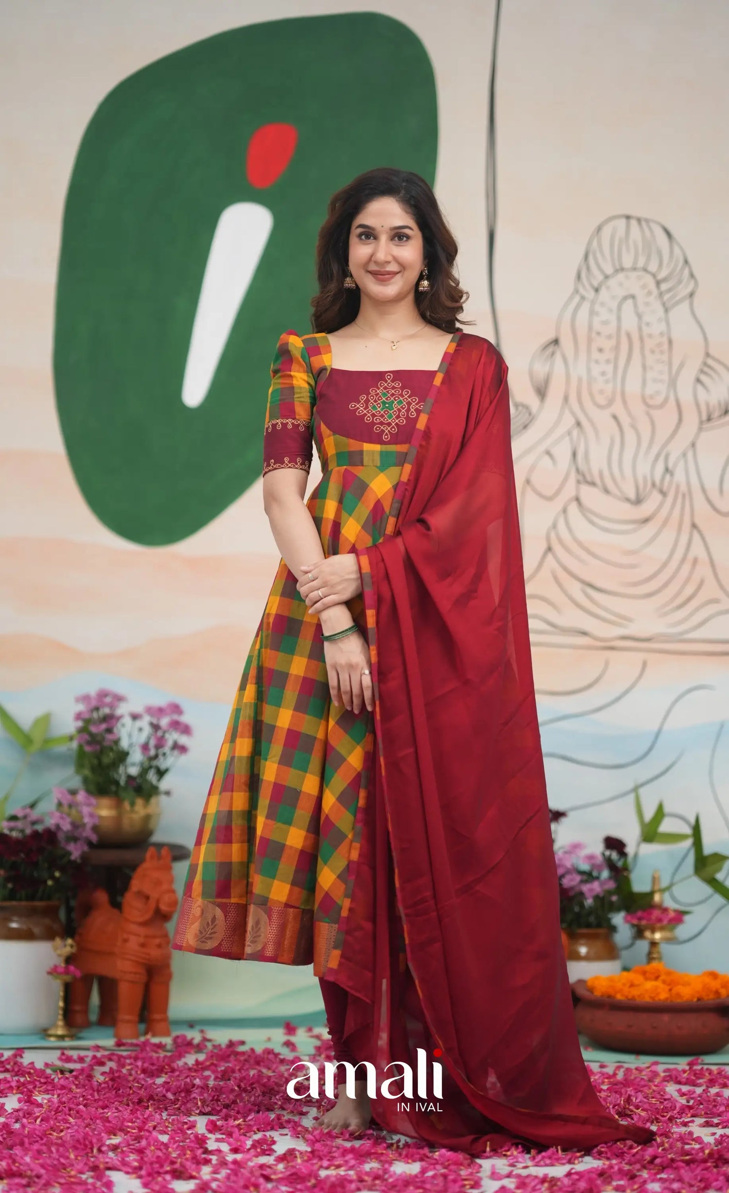 Red and Bottle Green Kandangi Checks Cotton Anarkali Anarkalis