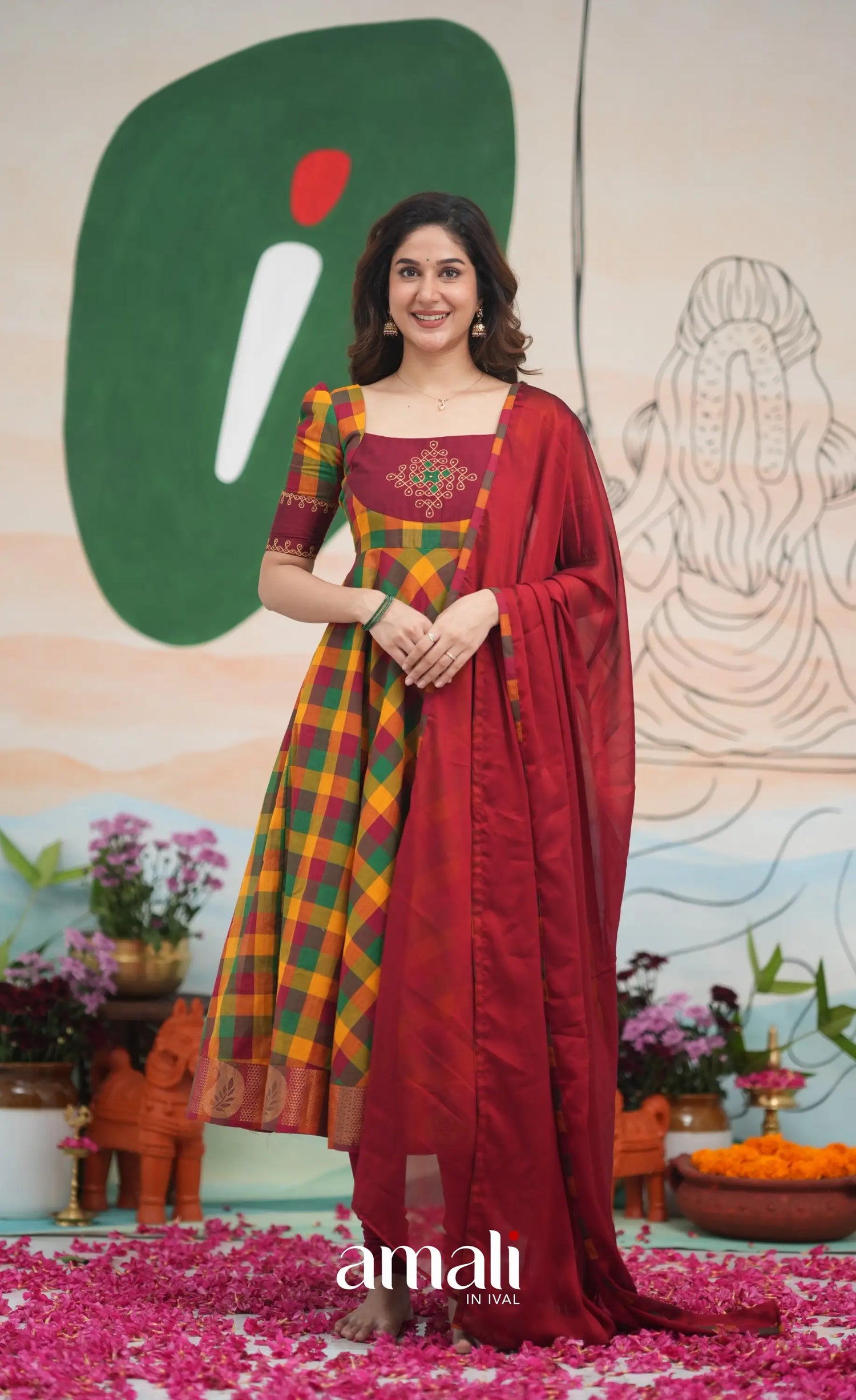 Red and Bottle Green Kandangi Checks Cotton Anarkali Anarkalis