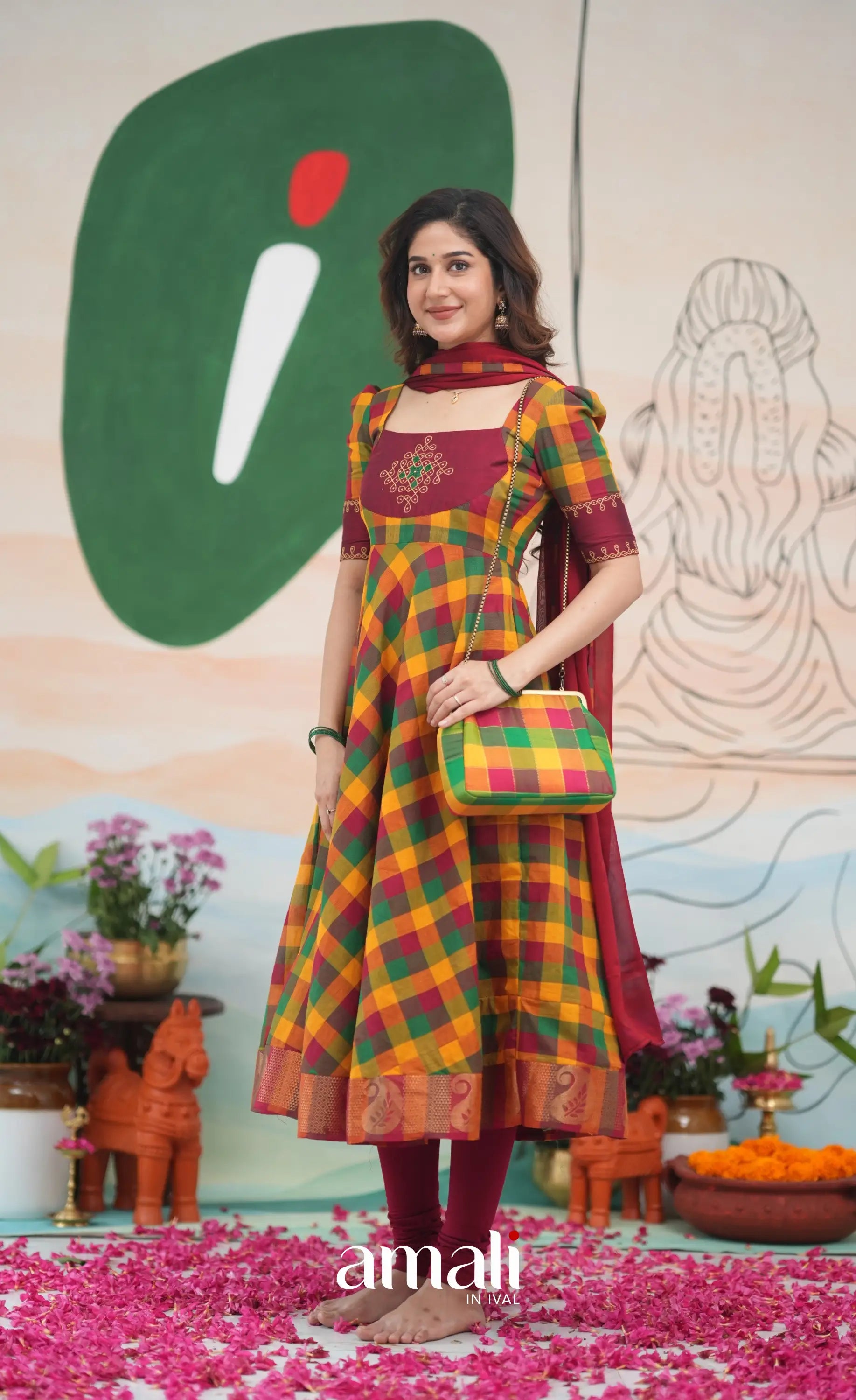 Red and Bottle Green Kandangi Checks Cotton Anarkali Anarkalis