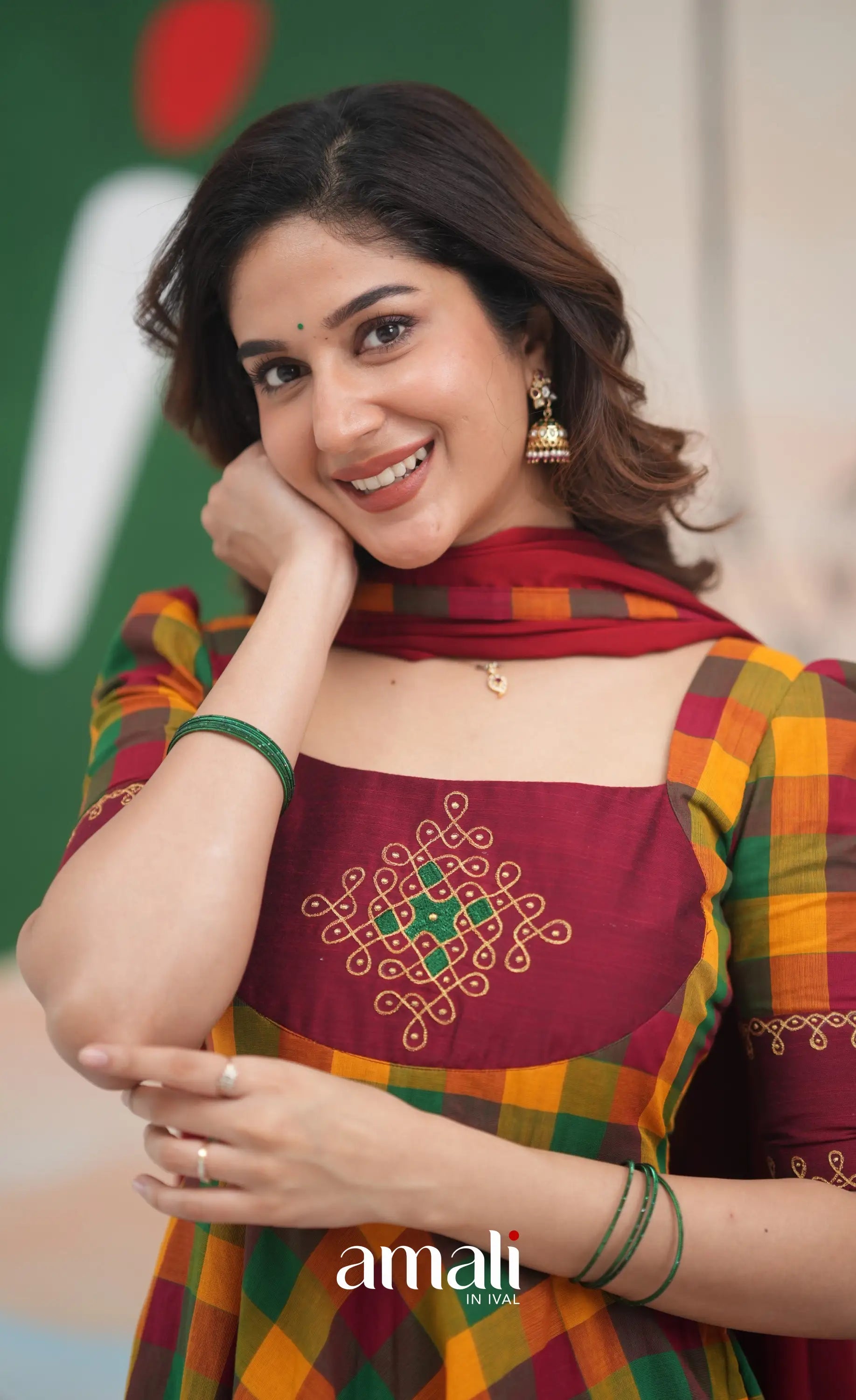 Red and Bottle Green Kandangi Checks Cotton Anarkali Anarkalis