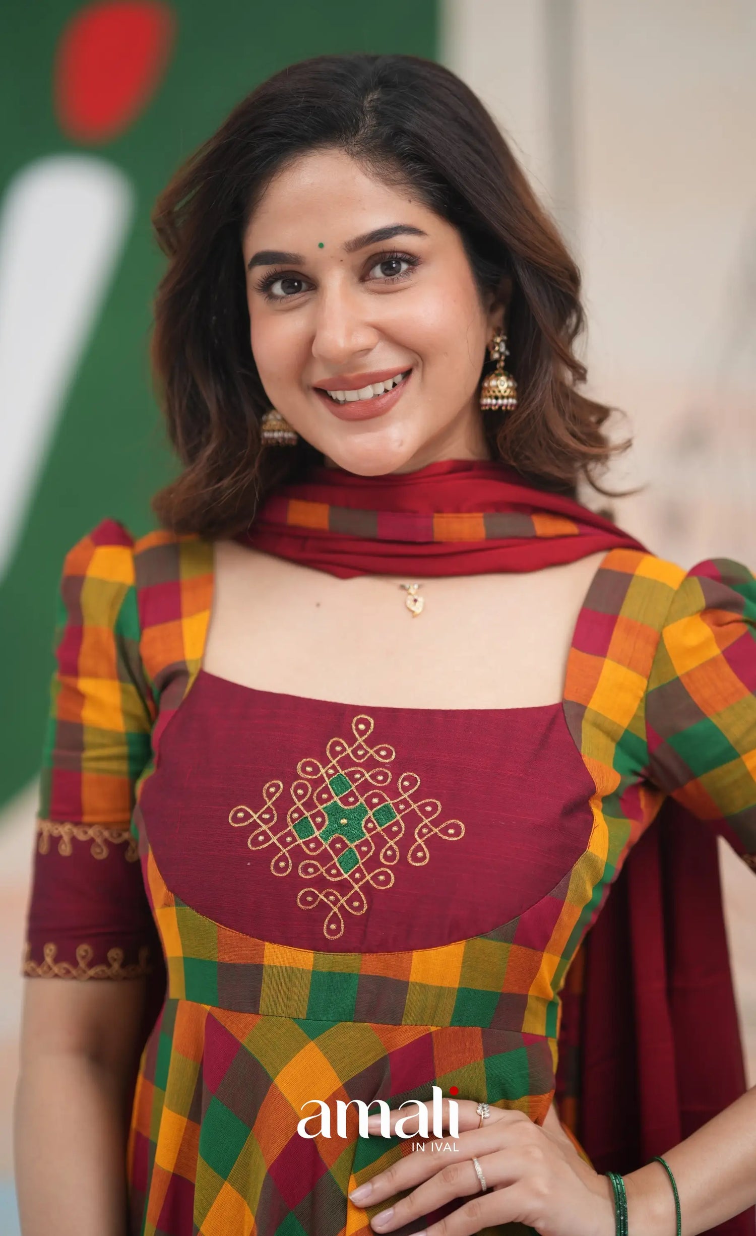 Red and Bottle Green Kandangi Checks Cotton Anarkali Anarkalis