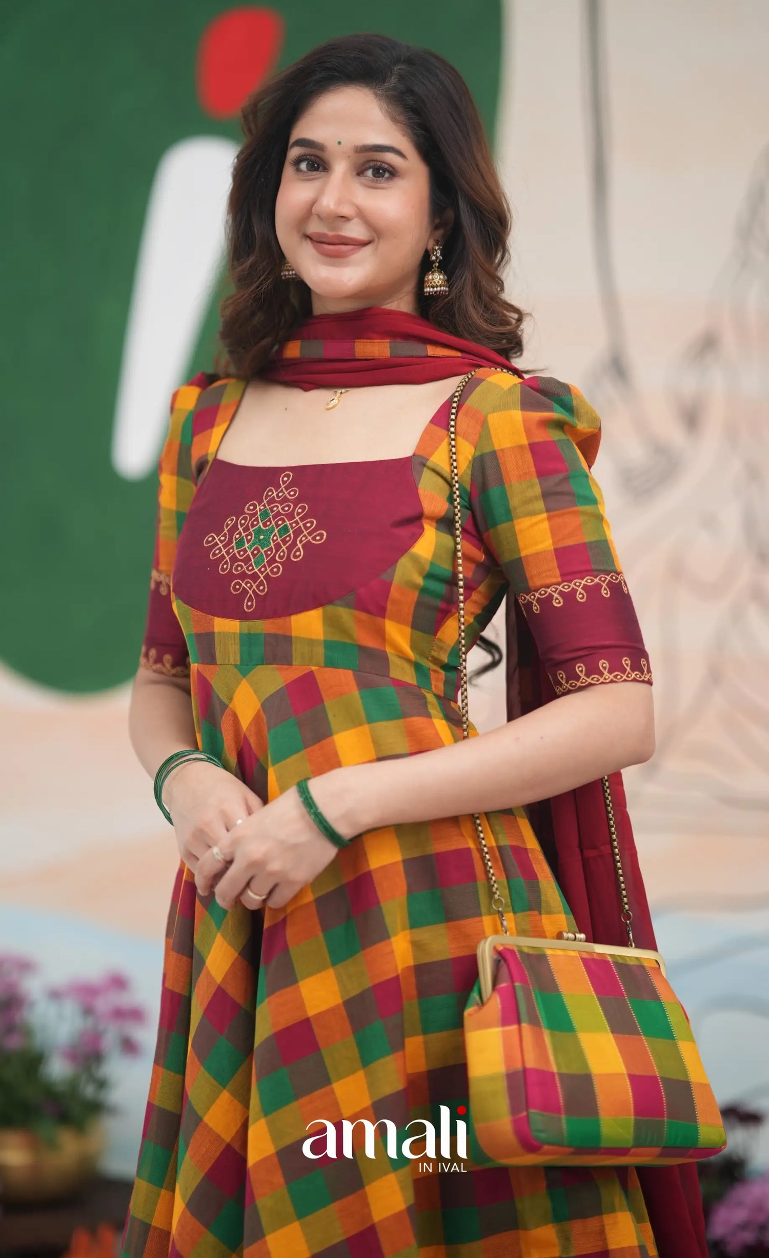 Red and Bottle Green Kandangi Checks Cotton Anarkali Anarkalis