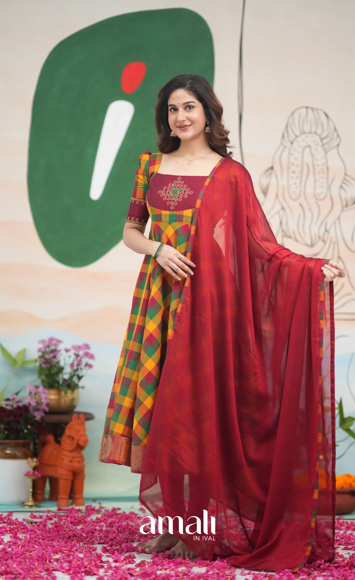 Red and Bottle Green Kandangi Checks Cotton Anarkali Anarkalis