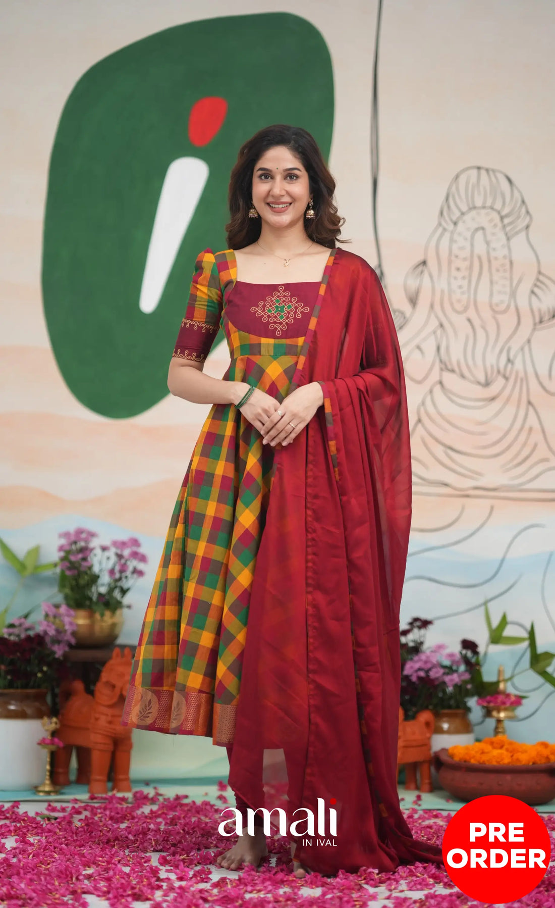 Red and Bottle Green Kandangi Checks Cotton Anarkali Anarkalis