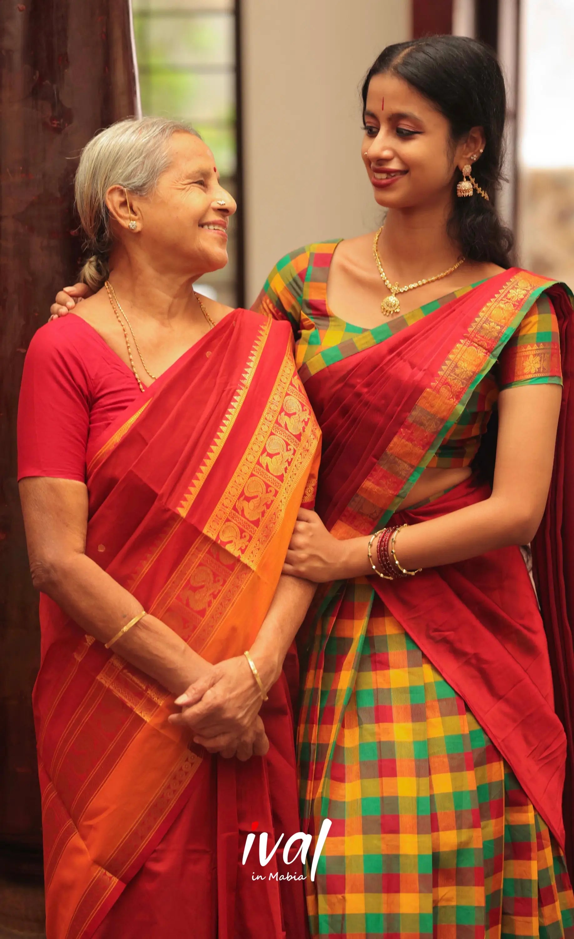 Red and Bottle Green Kandangi Checks Halfsaree - Half Sarees
