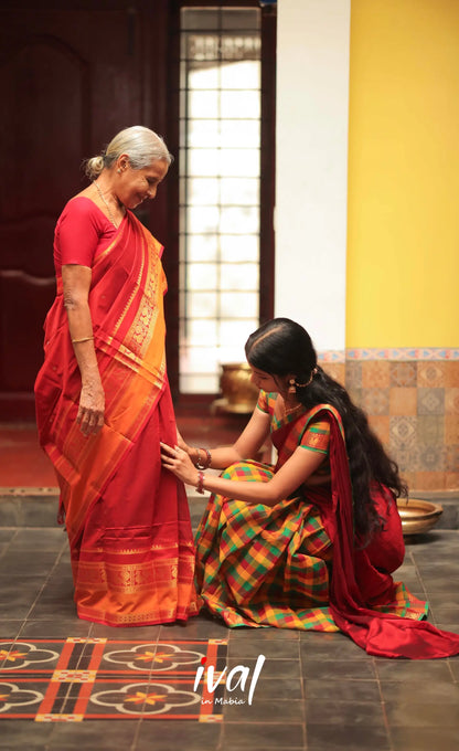 Red and Bottle Green Kandangi Checks Halfsaree - Half Sarees