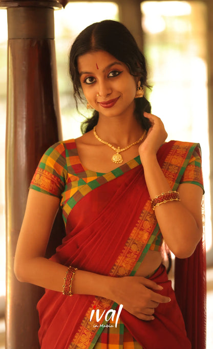 Red and Bottle Green Kandangi Checks Halfsaree - Half Sarees