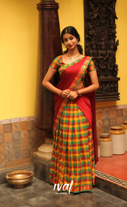 Red and Bottle Green Kandangi Checks Halfsaree - Half Sarees