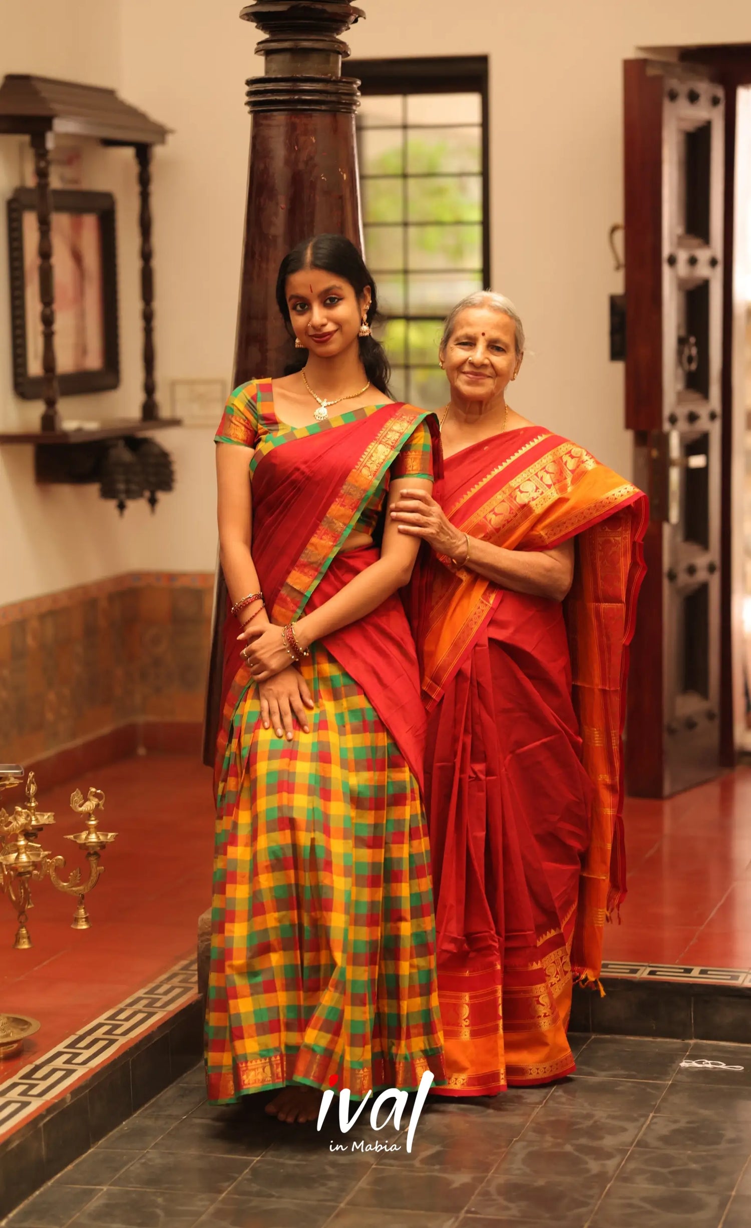 Red and Bottle Green Kandangi Checks Halfsaree - Half Sarees