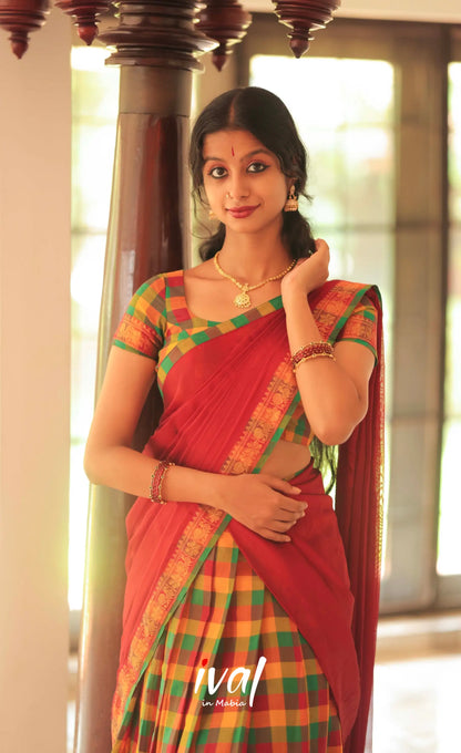 Red and Bottle Green Kandangi Checks Halfsaree - Half Sarees