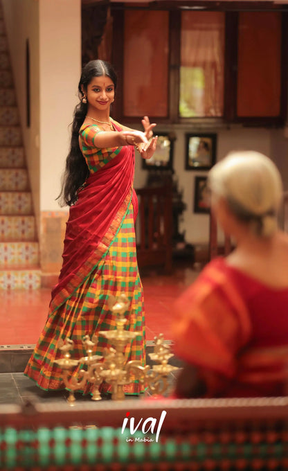 Red and Bottle Green Kandangi Checks Halfsaree - Half Sarees