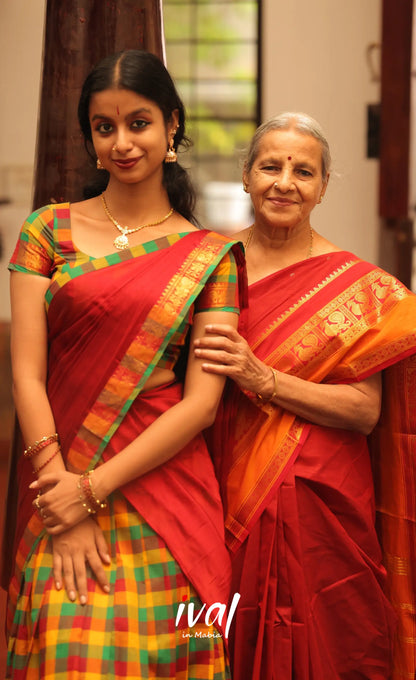 Red and Bottle Green Kandangi Checks Halfsaree - Half Sarees