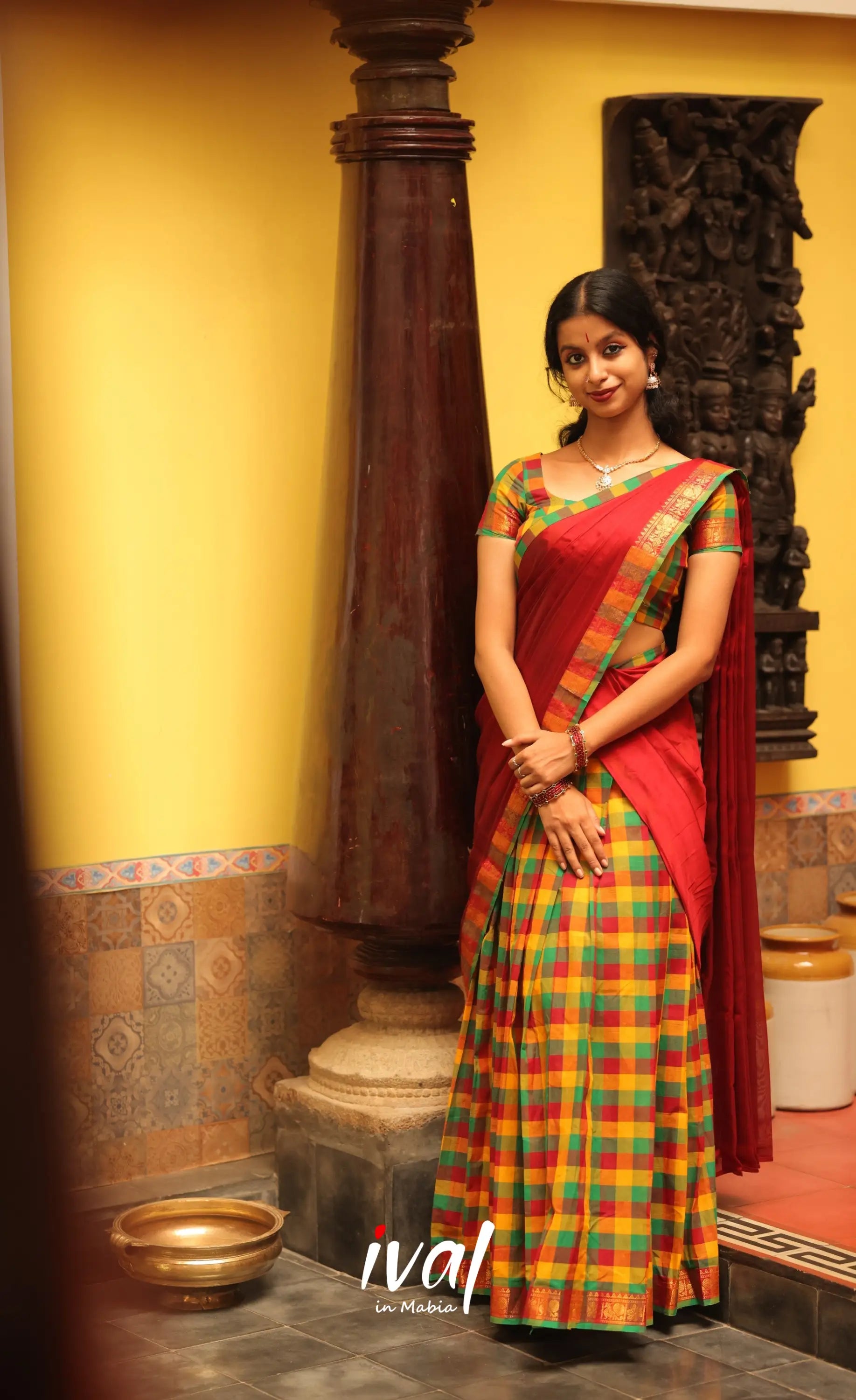 Red and Bottle Green Kandangi Checks Halfsaree - Half Sarees